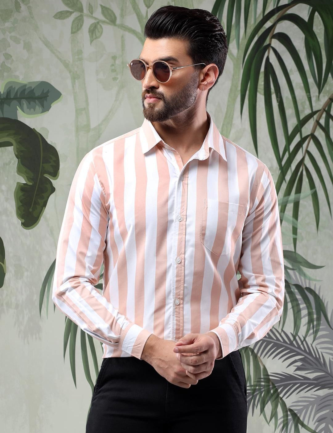 Kotty Men Spread Collar Vertical Striped Casual Shirt