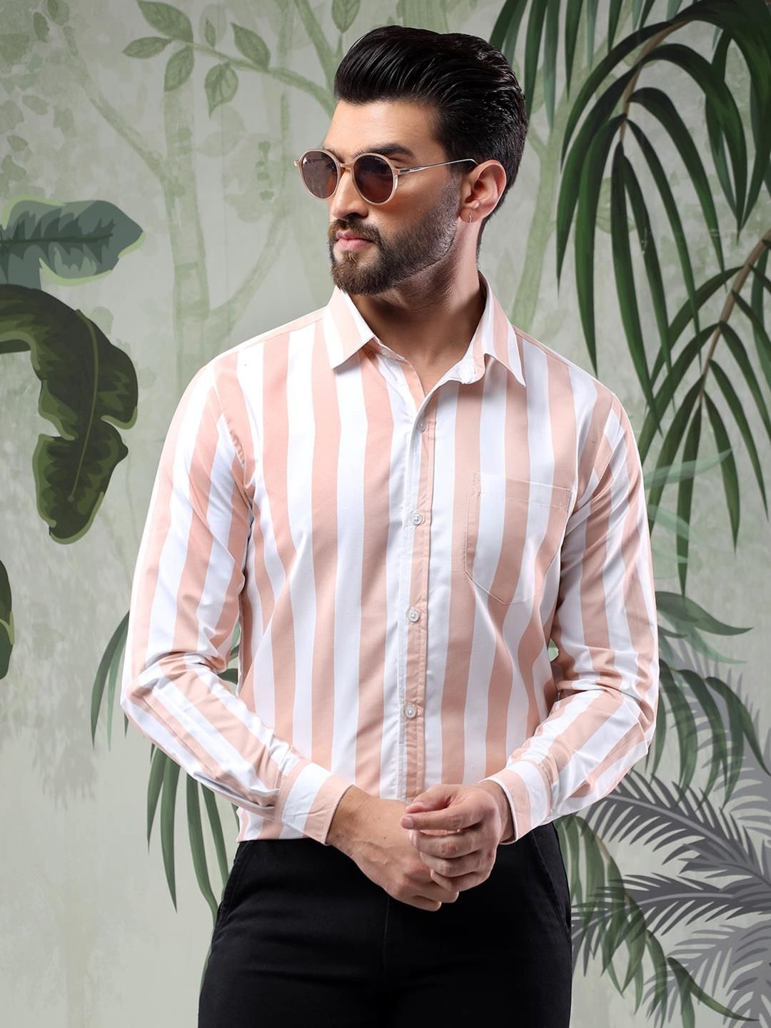 Kotty Men Spread Collar Vertical Striped Casual Shirt