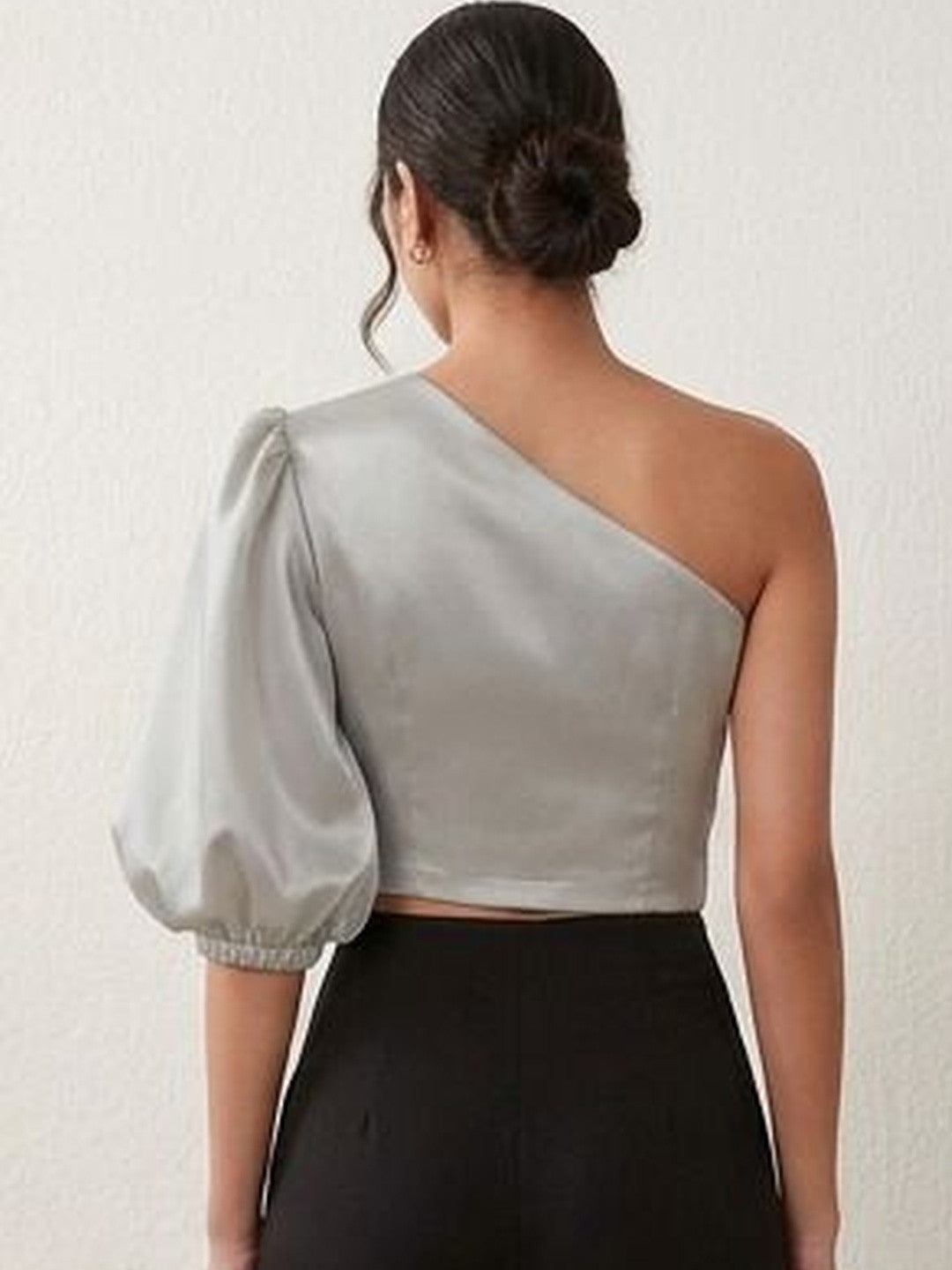 Kotty Top Charcoal Grey Women's Crop Puff-Sleeves Three-Quarter-Sleeve