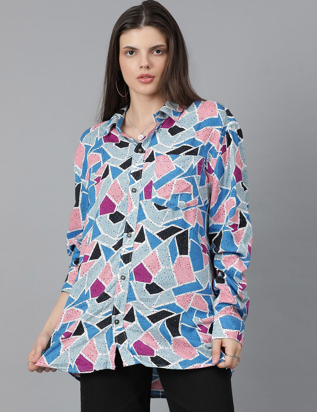 Kotty Women Spread Collar Abstract Printed Cotton Oversized Casual Shirt