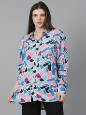Kotty Women Spread Collar Abstract Printed Cotton Oversized Casual Shirt