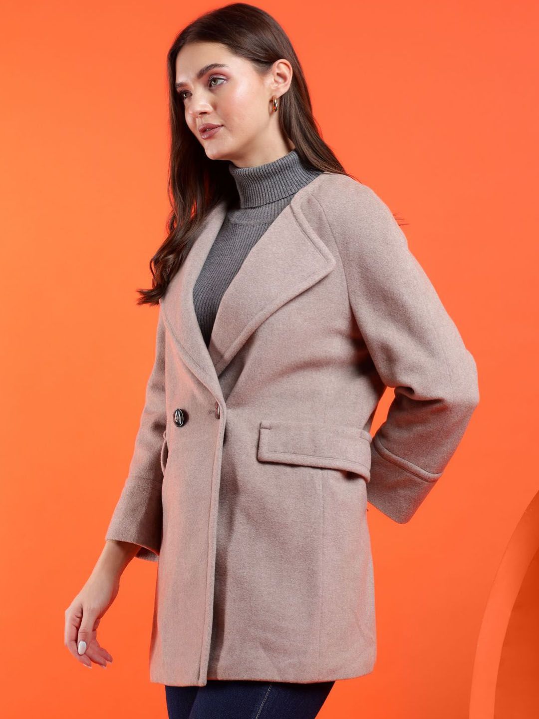 Kotty Women Solid Notched Lapel Overcoat