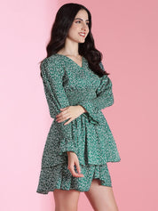 Kotty Women PrintedBishop Sleeve Crepe Fit & Flare Mini Dress