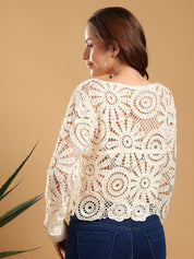 Kotty Self Design Boat Neck Embroidered Sheer Crop Top