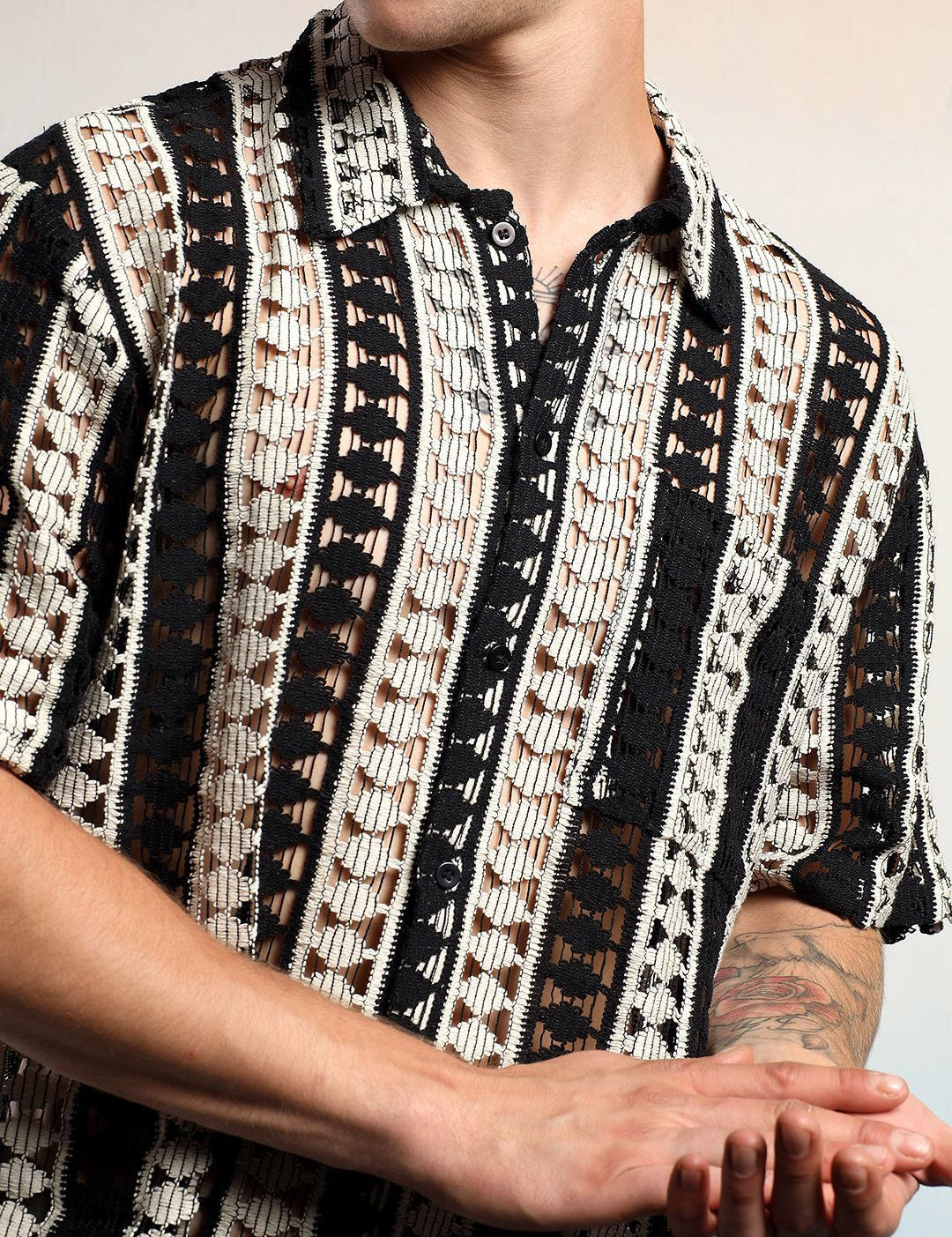 Kotty Men Vertical Stripes Self Design Cotton Sheer Casual Shirt