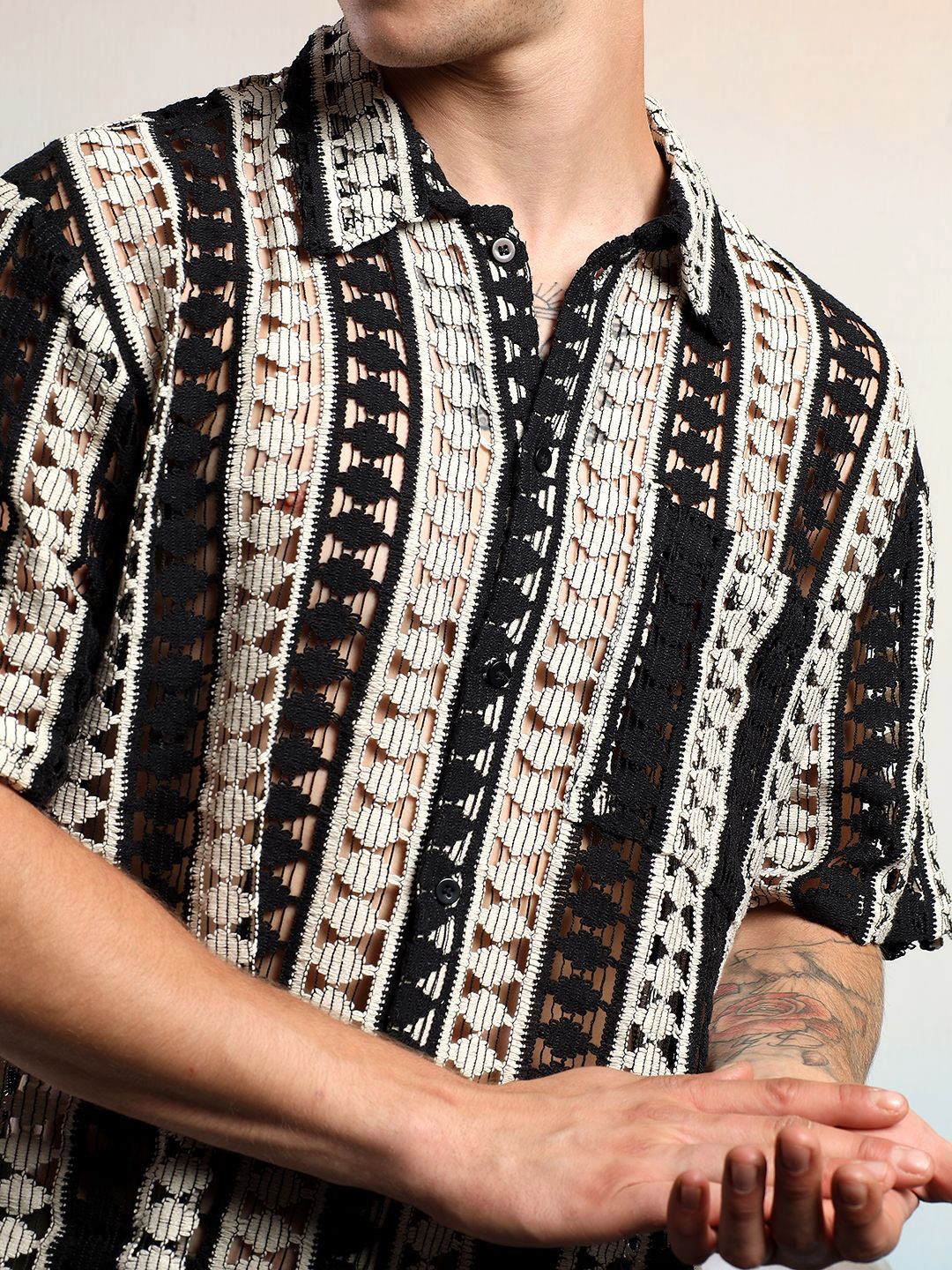 Kotty Men Vertical Stripes Self Design Cotton Sheer Casual Shirt