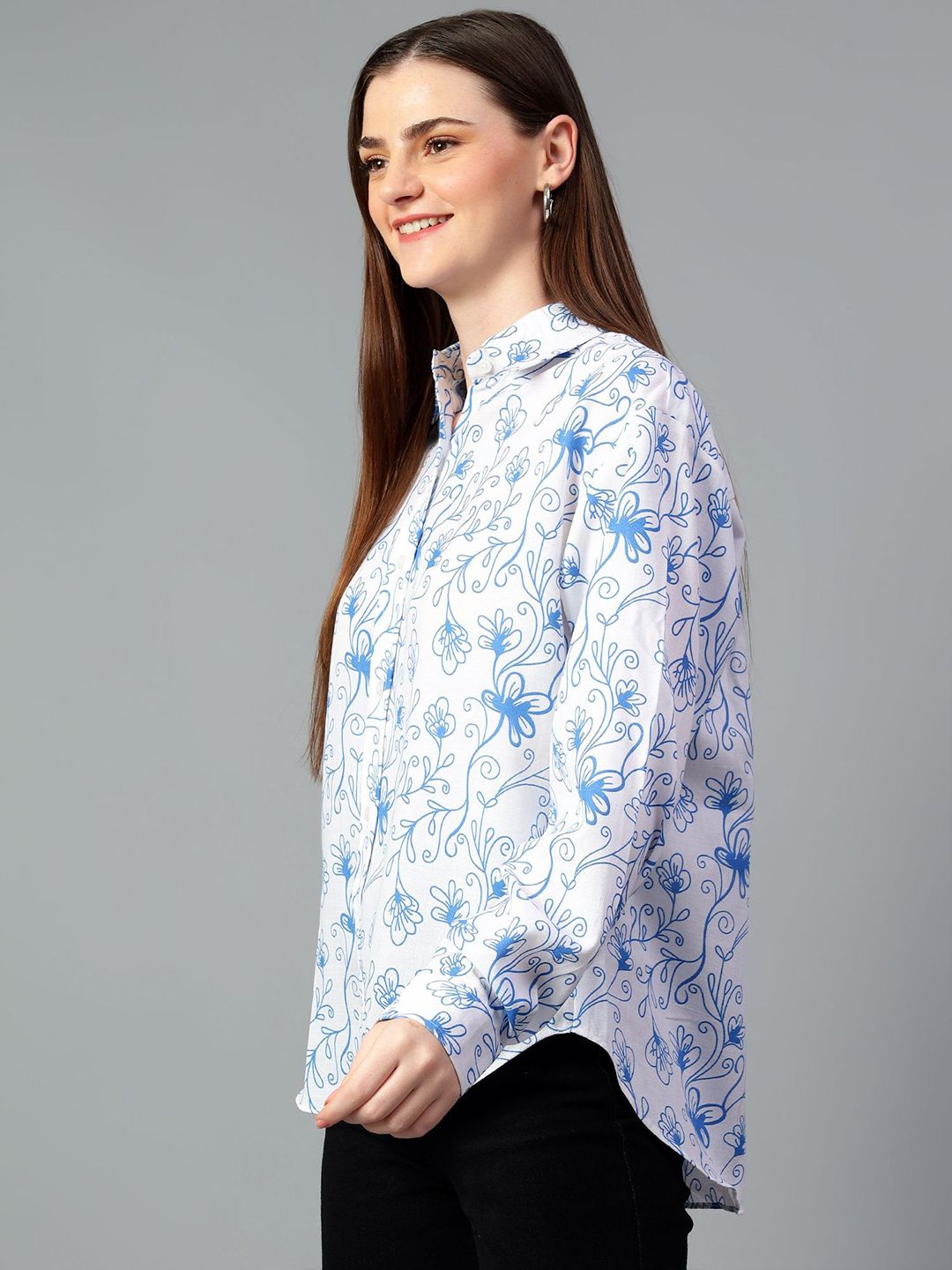 Kotty Women Comfort Spread Collar Floral Printed Cotton Oversized Casual Shirt