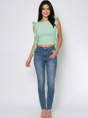 Kotty Top Forest Green Women's Crop Flutter-Sleeves Sleeveless