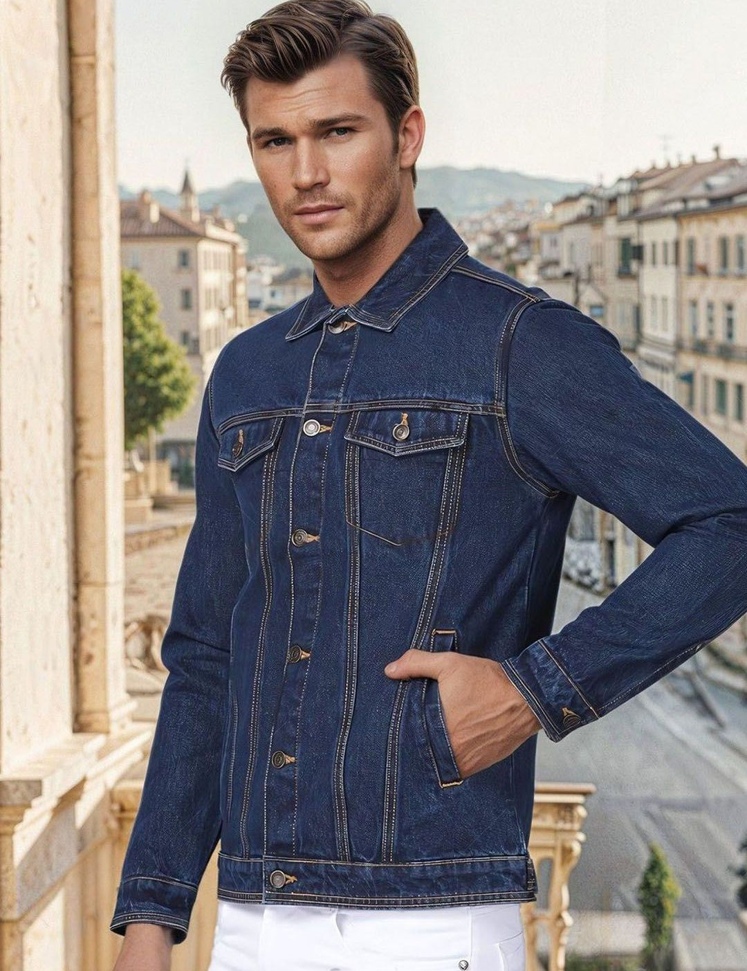 Kotty Men Solid Spread Collar Denim Jacket