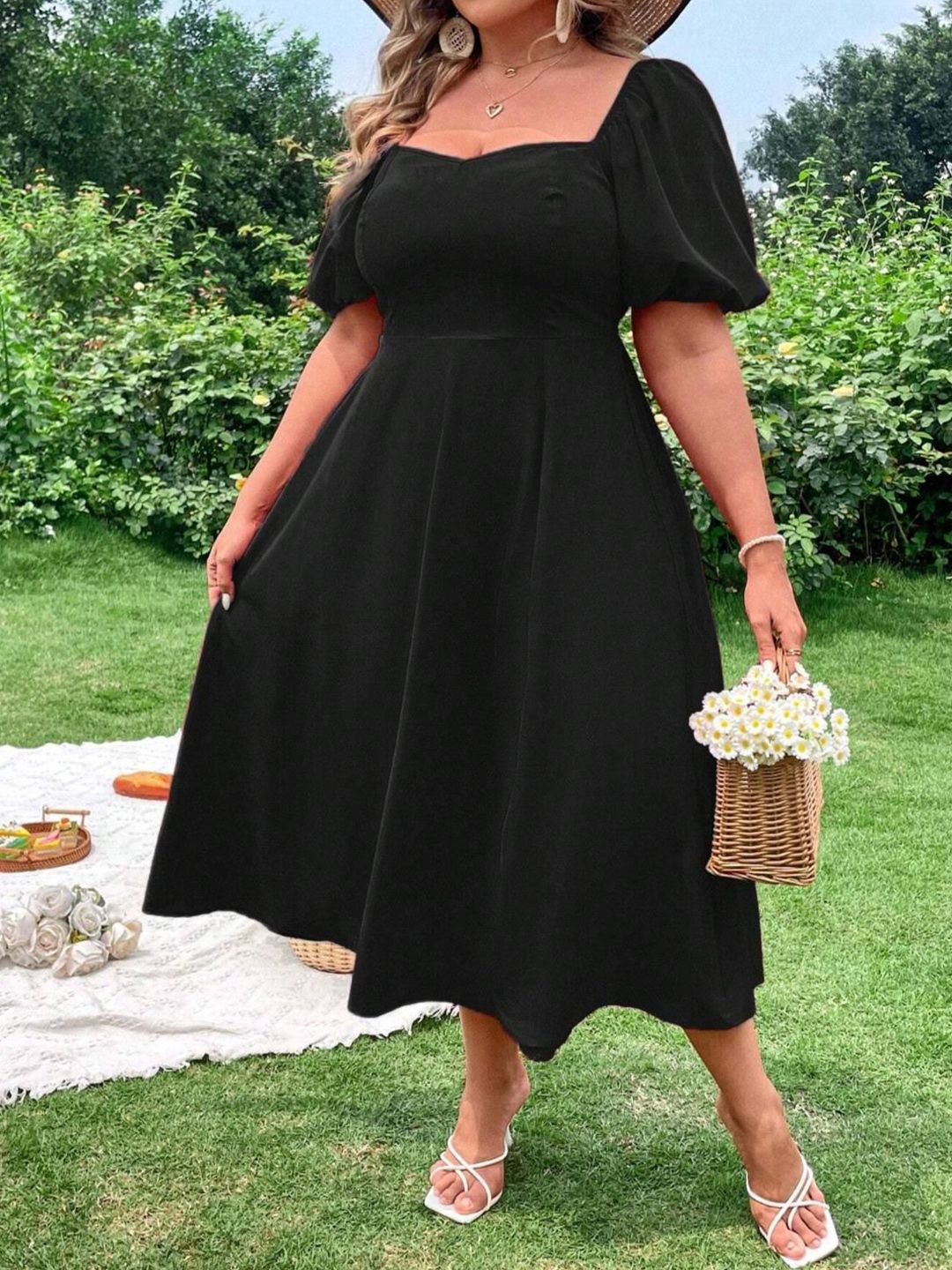 CURVE BY KOTTY Plus Size Puff Sleeve Fit & Flare Midi Dress With Slits