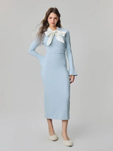 Kotty Women Solid Tie-Up Neck Bell Sleeve Bodycon Maxi Dress
