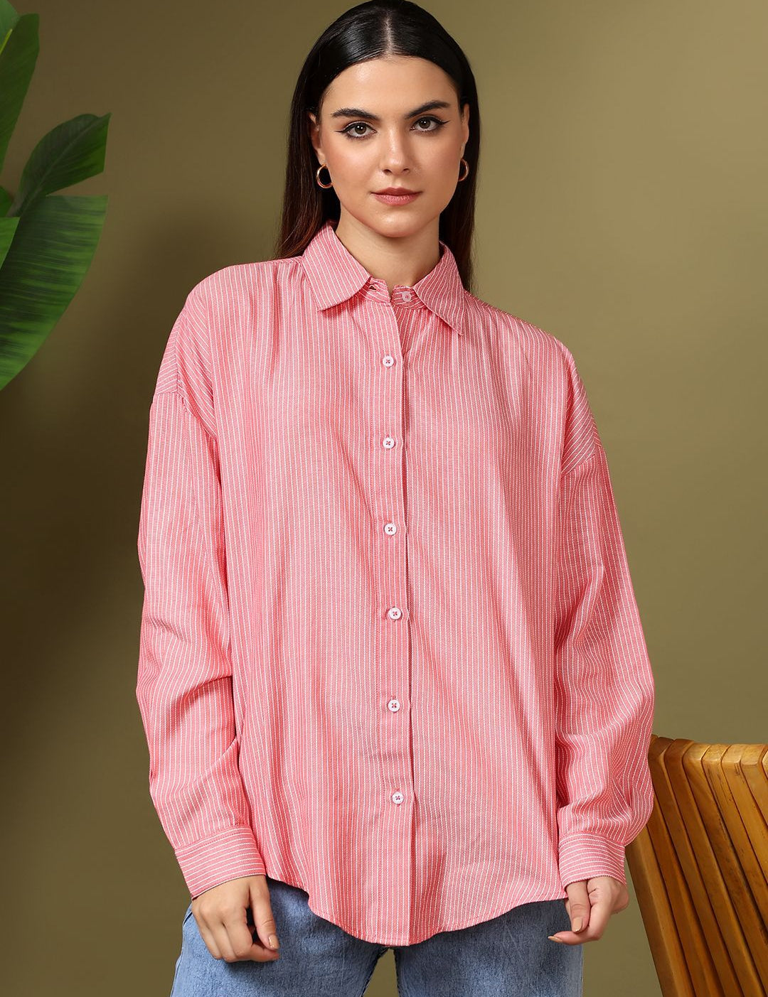 Kotty Women Relaxed Fit Spread Collar Vertical Striped Cotton Casual Shirt