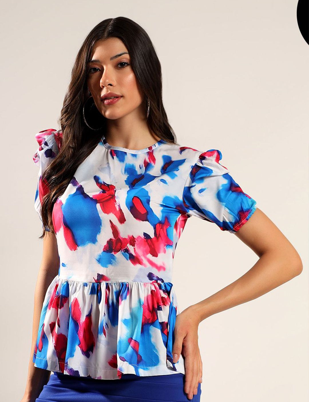 Kotty Women Abstract Printed Puff Sleeve Peplum Top