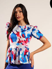 Kotty Women Abstract Printed Puff Sleeve Peplum Top