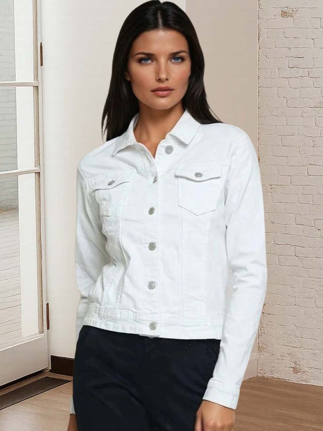 Kotty Women Spread Collar Solid Denim Jacket