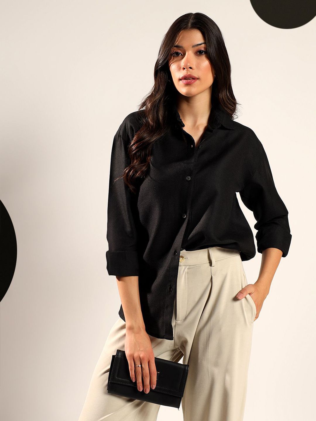 Kotty Women Relaxed Fit Solid Spread Collar Cotton Casual Shirt