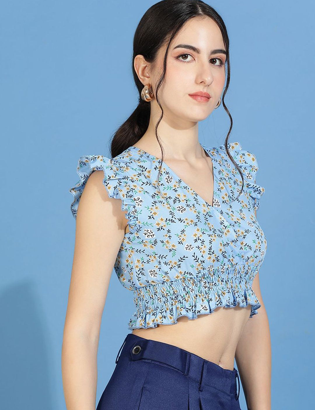 Kotty Floral Print Flutter Sleeve Crepe Wrap Crop Top