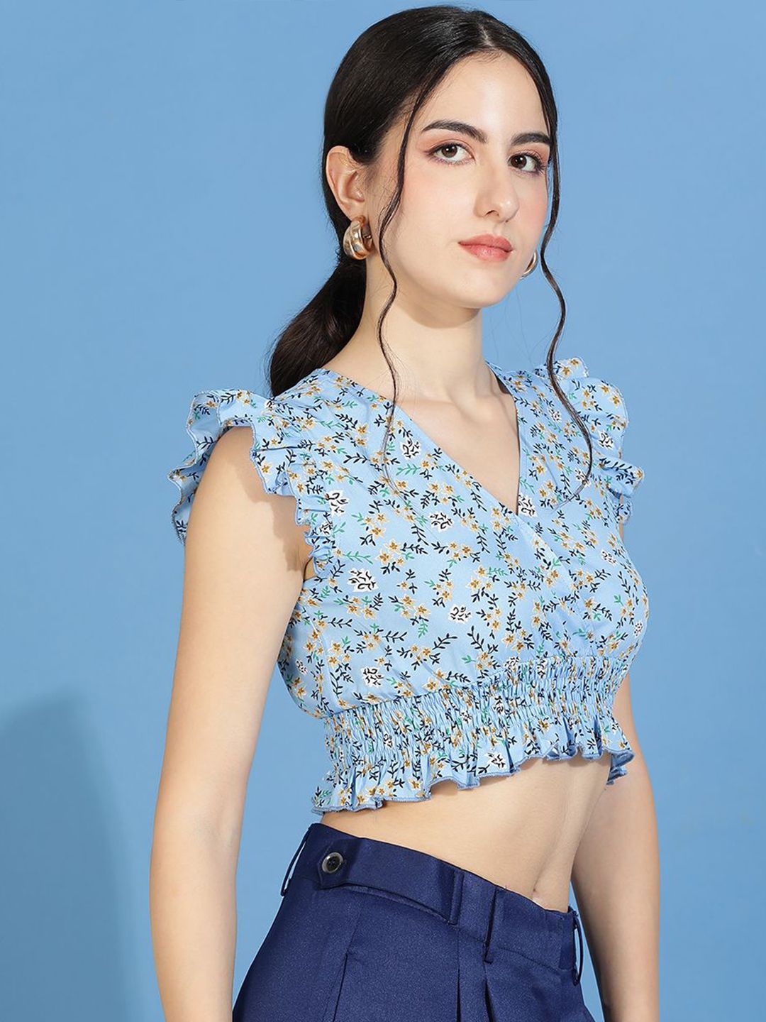 Kotty Floral Print Flutter Sleeve Crepe Wrap Crop Top