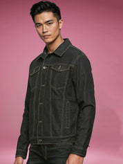 Kotty Men Spread Collar Solid Denim Jacket