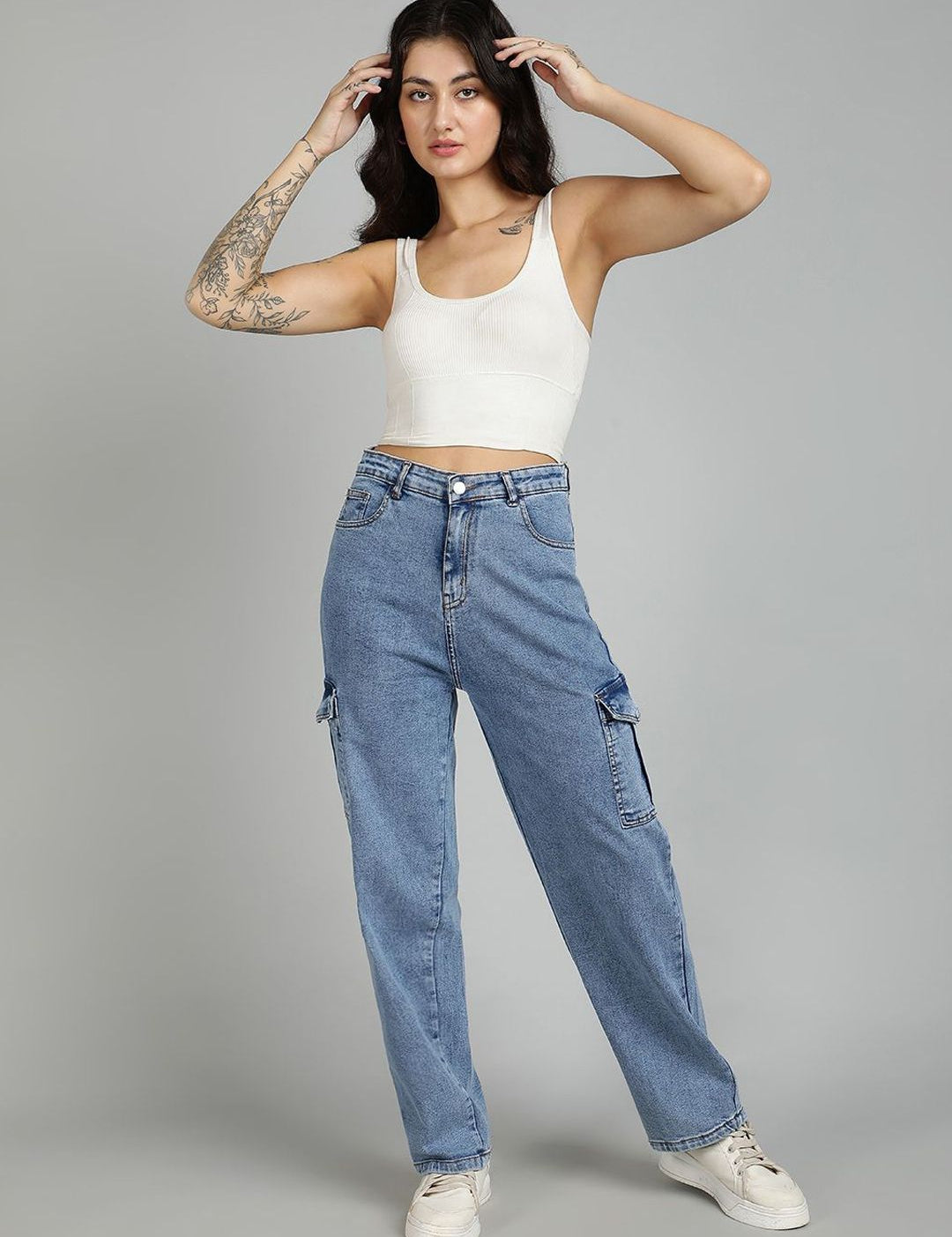 Kotty Women Straight Fit High-Rise Stretchable Cargo Styles Jeans