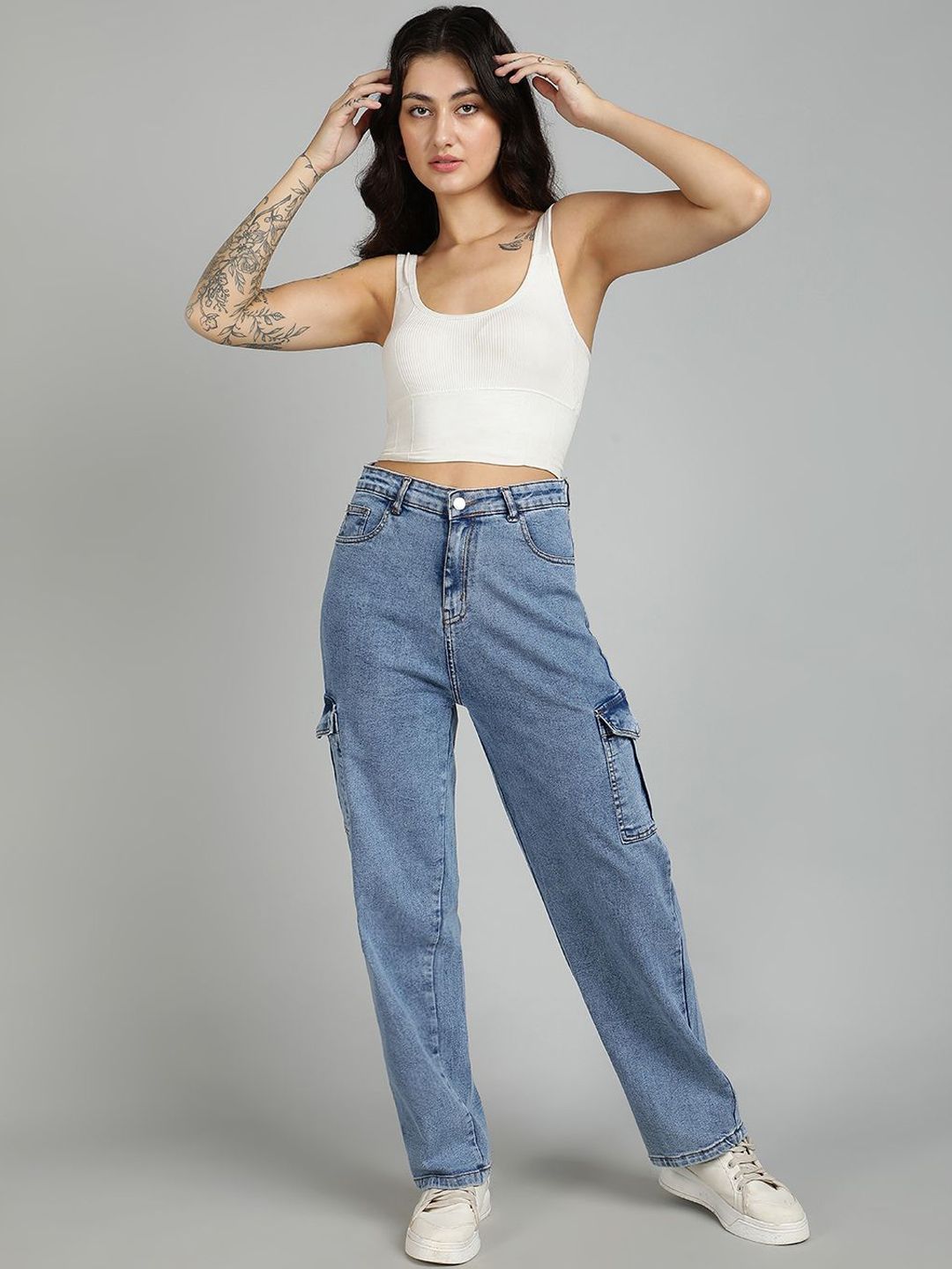 Kotty Women Straight Fit High-Rise Stretchable Cargo Styles Jeans