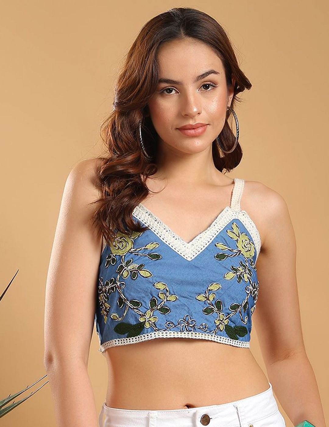 Kotty Women Floral Embroidered V-Neck Smocking Crop Top