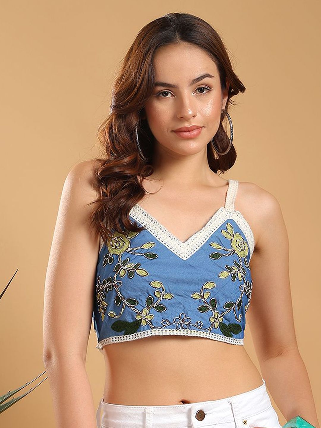 Kotty Women Floral Embroidered V-Neck Smocking Crop Top