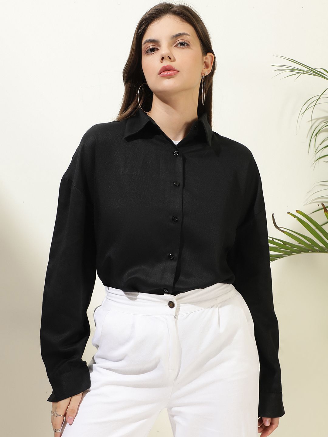 Kotty Women Comfort Spread Collar Solid Cotton Oversized Casual Shirt