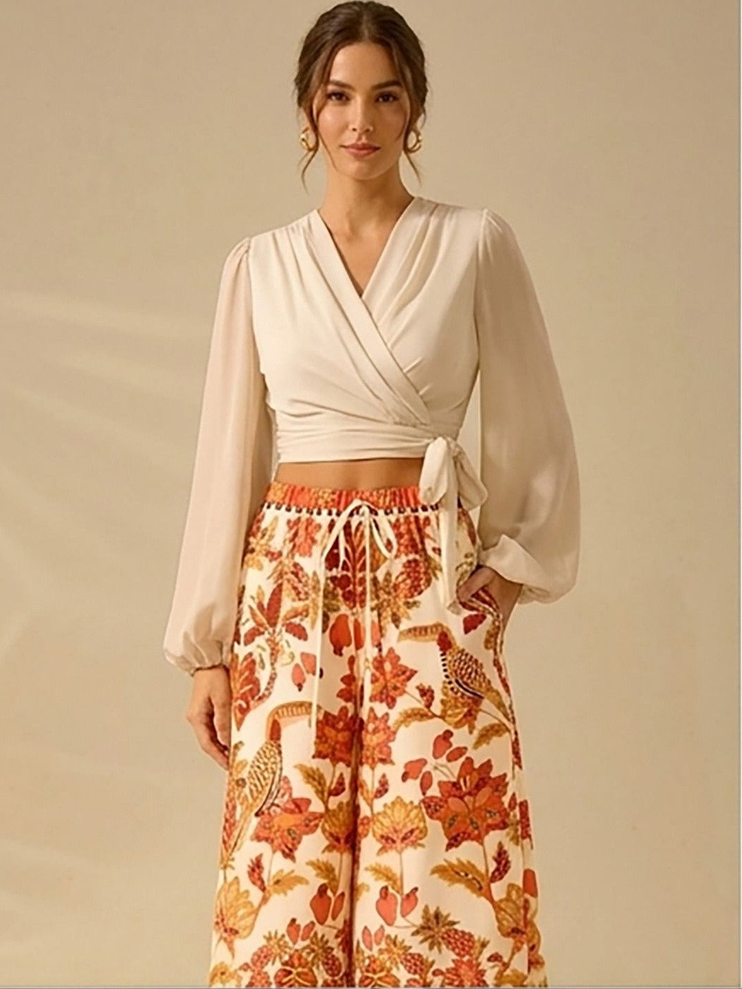 Multicoloured Wide Leg High-Rise Trousers for Women | Kotty