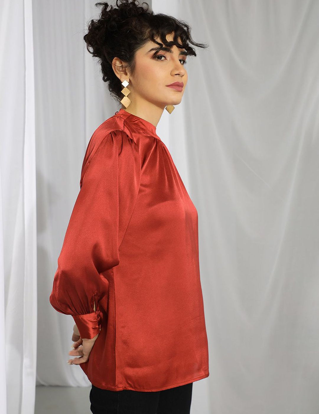 Kotty Women Satin High Neck Cuffed Sleeves Top