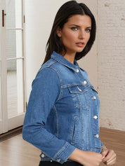 Kotty Women Spread Collar Solid Denim Jacket