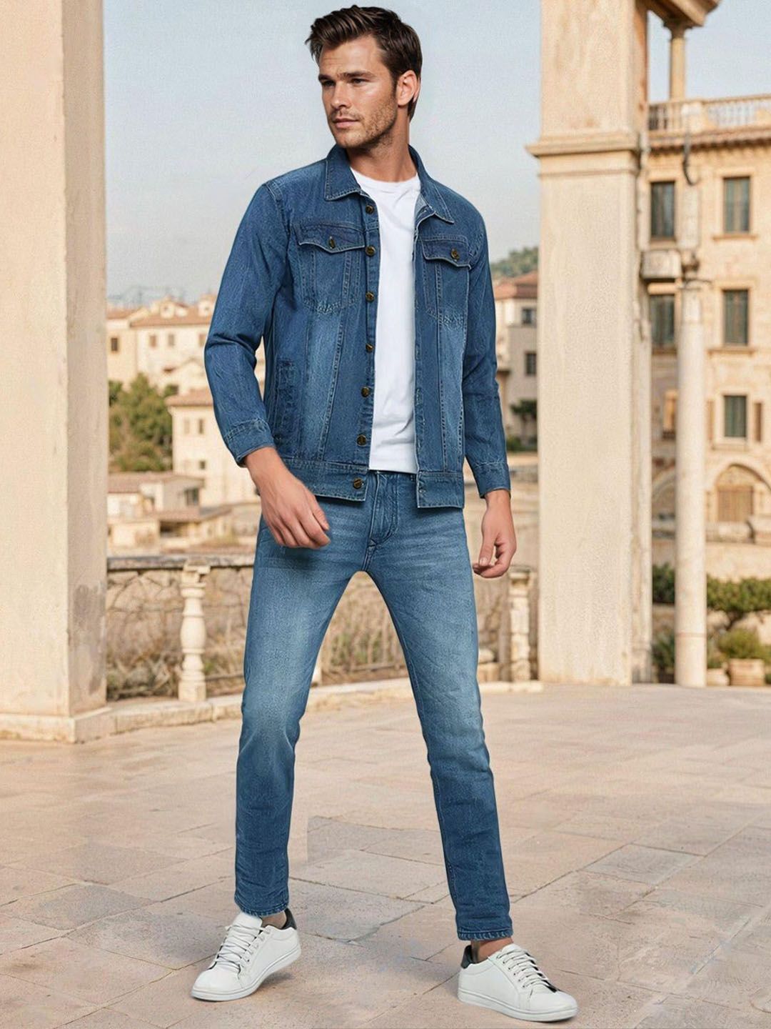 Kotty Men Solid Spread Collar Denim Jacket