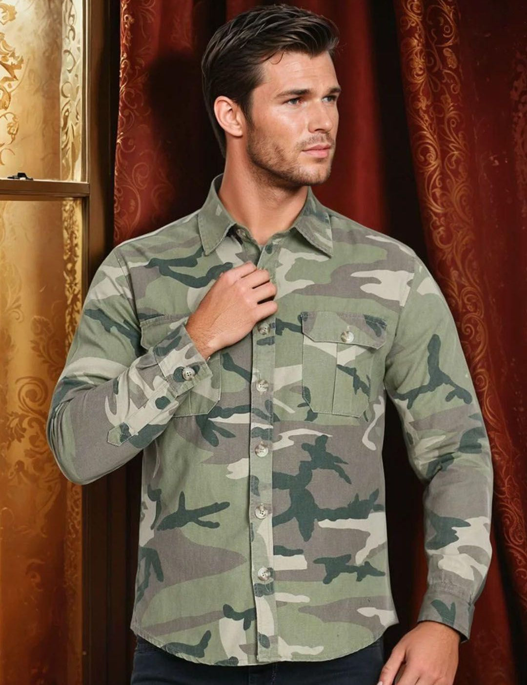 Kotty Men Spread Collar Camouflage Printed Denim Cotton Jacket