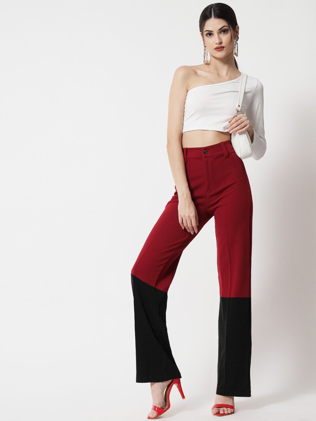 Kotty Women Colourblocked Straight Fit High-Rise Trousers