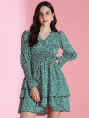 Kotty Women PrintedBishop Sleeve Crepe Fit & Flare Mini Dress