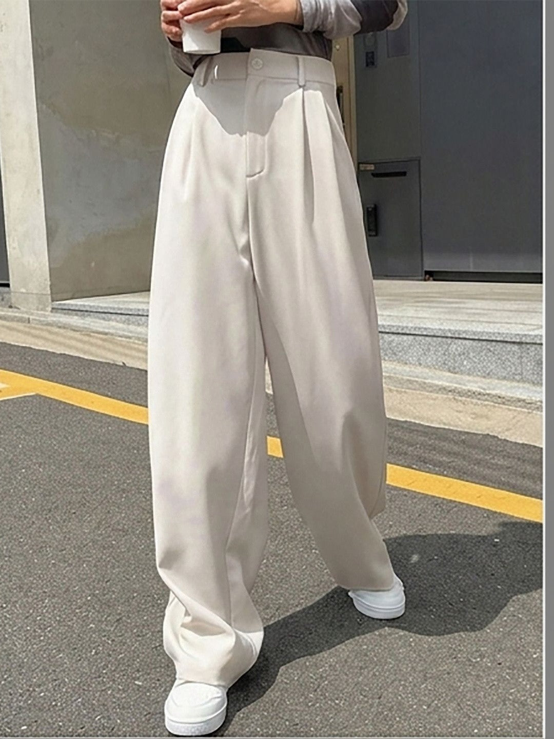 White Relaxed Fit High-Rise Trousers for Women | Kotty
