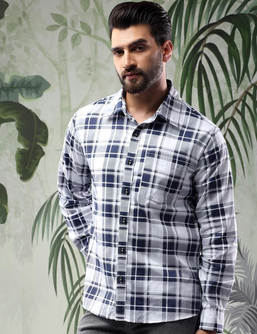 Kotty Men Spread Collar Tartan Checked Casual Shirt