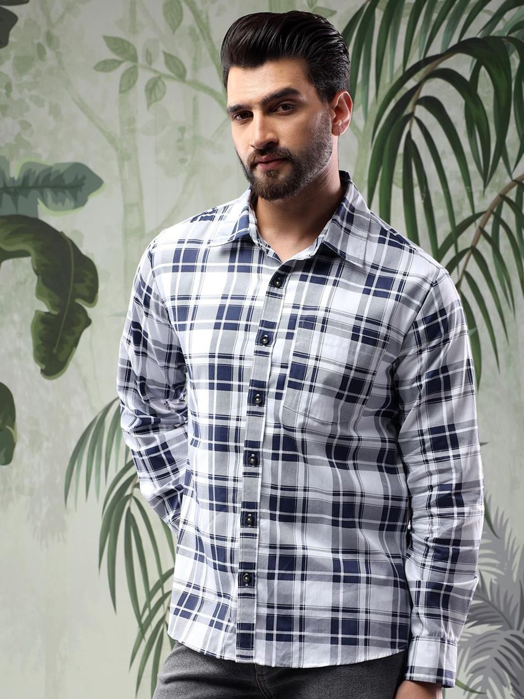 Kotty Men Spread Collar Tartan Checked Casual Shirt