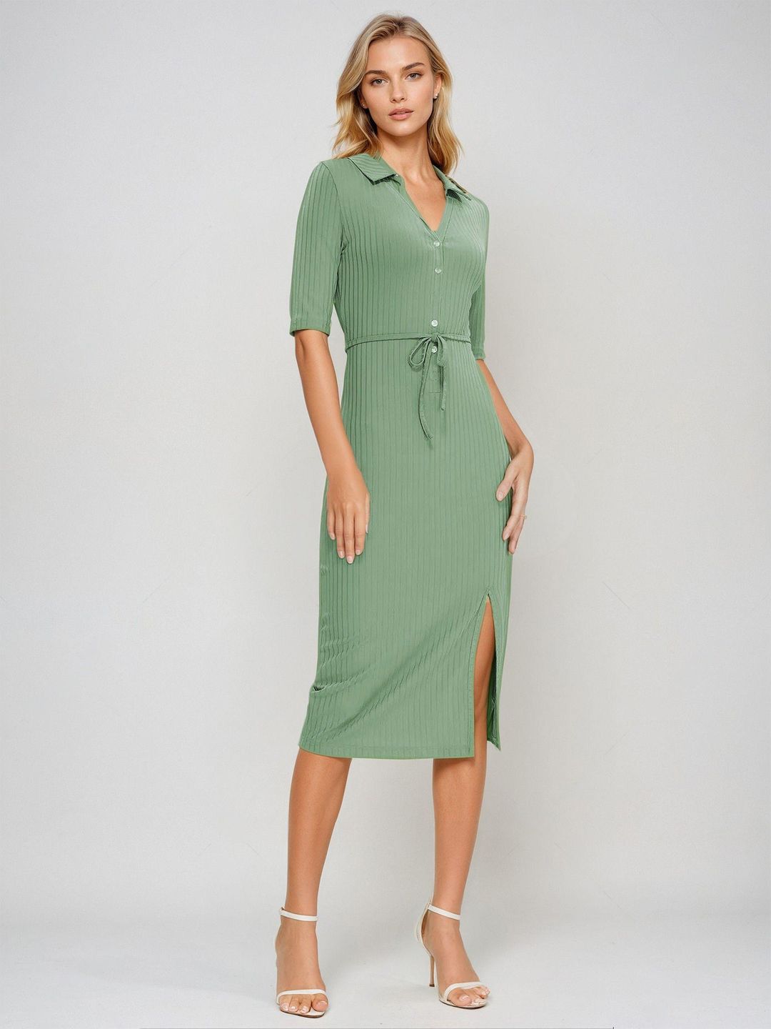 Kotty Women Shirt Collar Bodycon Midi Dress