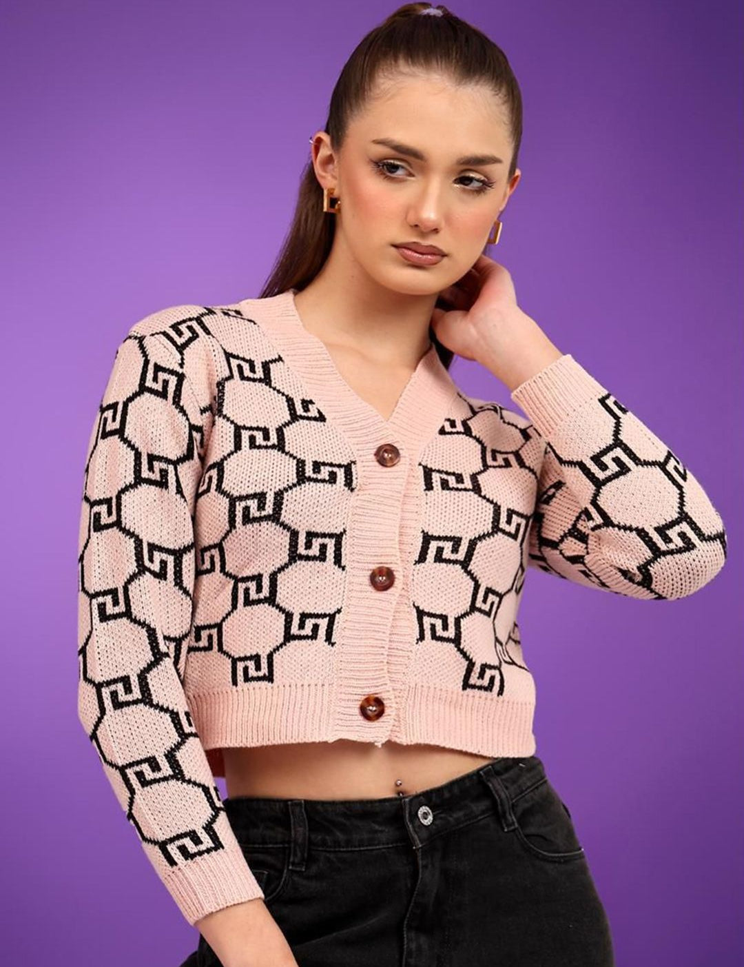 Kotty Women Geometric Printed Cotton Crop Cardigan
