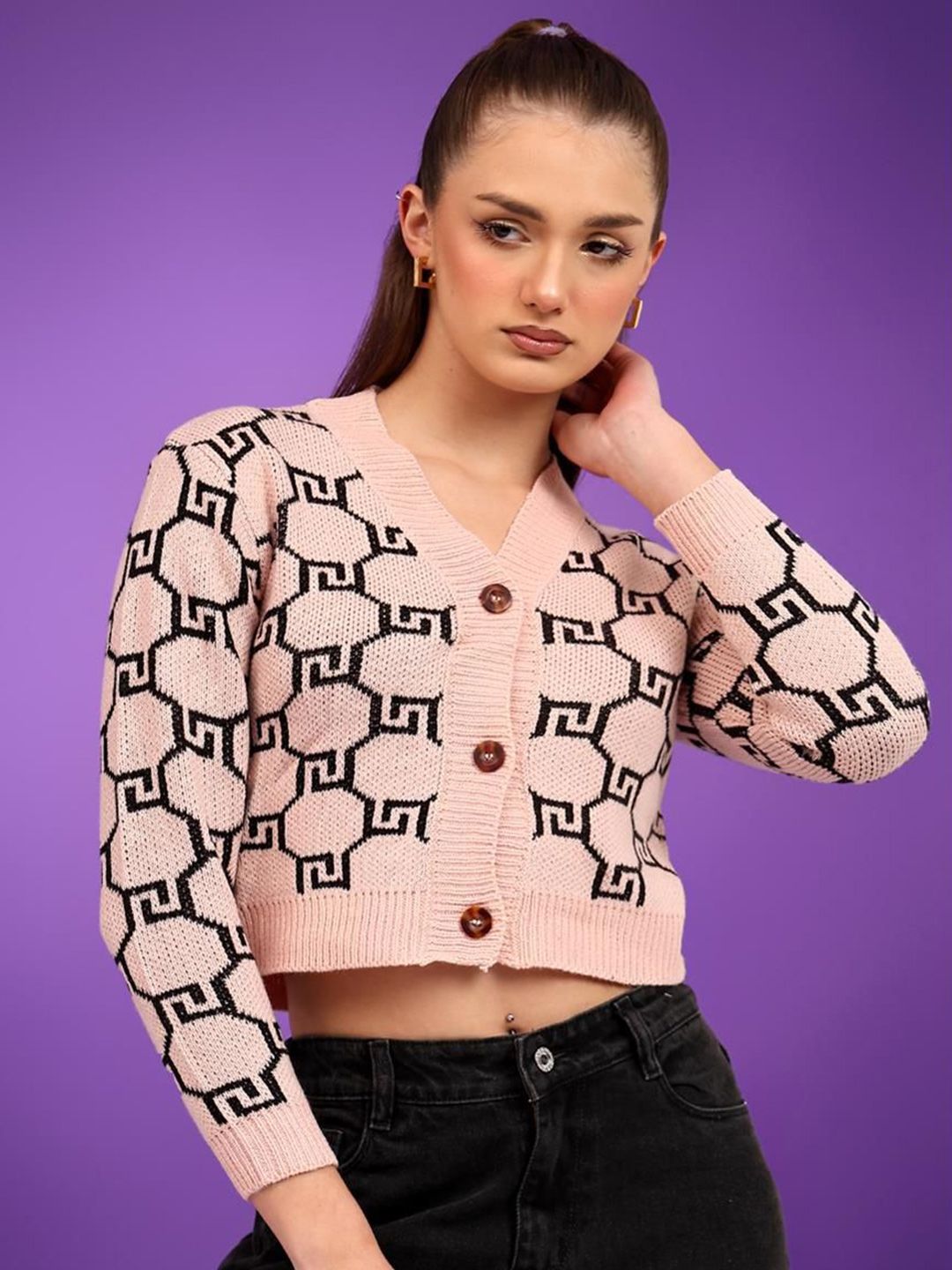 Kotty Women Geometric Printed Cotton Crop Cardigan