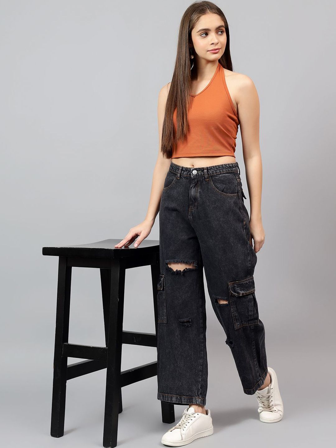 Kotty Women Straight Fit High-Rise Low Distress Stretchable Cargo Jeans