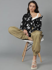 Kotty Women Spread Collar Abstract Printed Cotton Oversized Casual Shirt