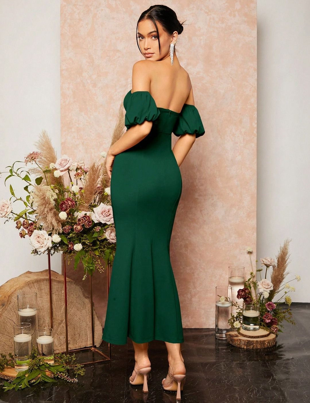Kotty Women Solid Off-Shoulder Puff Sleeve Bodycon Midi Dress
