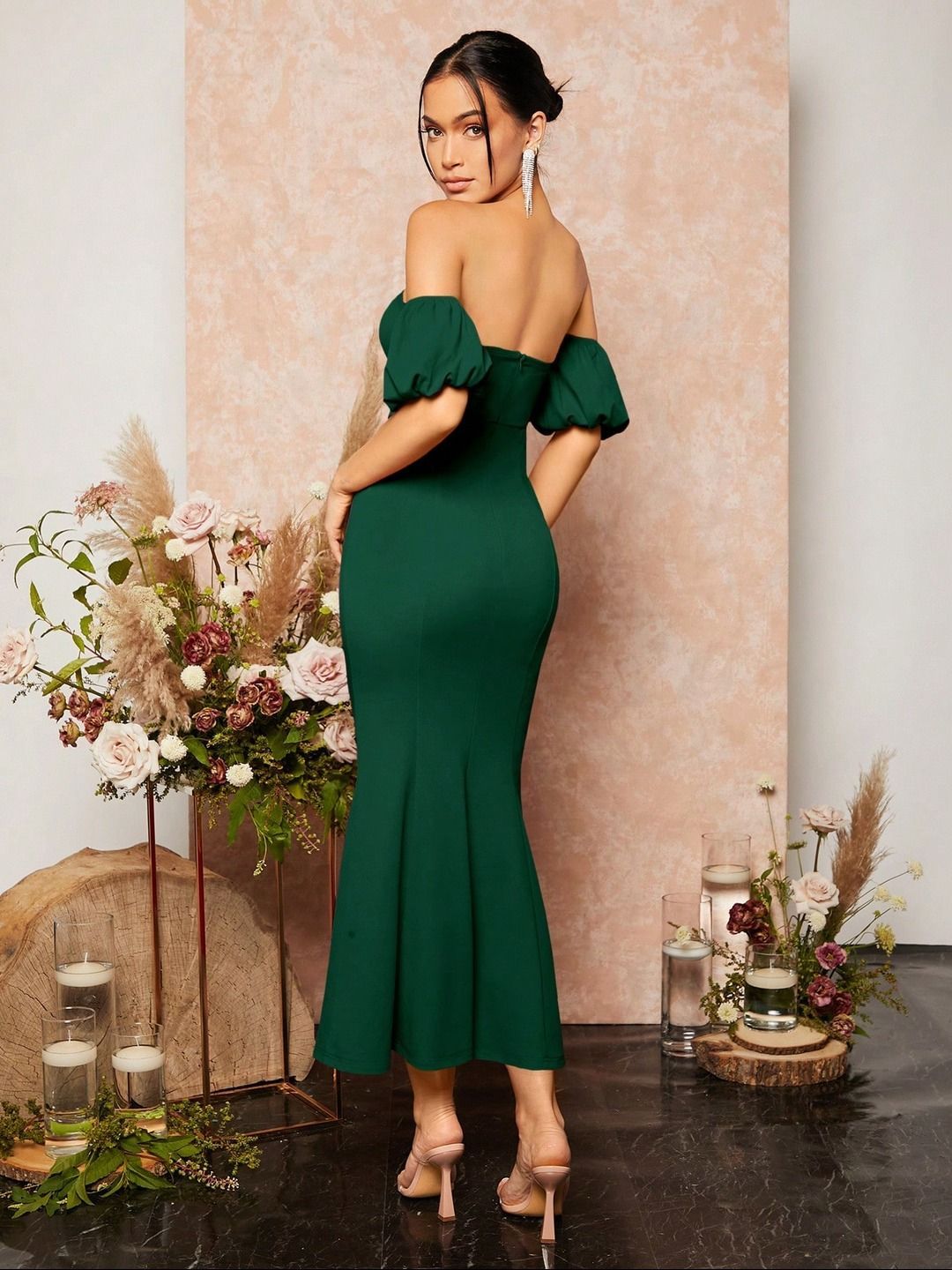 Kotty Women Solid Off-Shoulder Puff Sleeve Bodycon Midi Dress