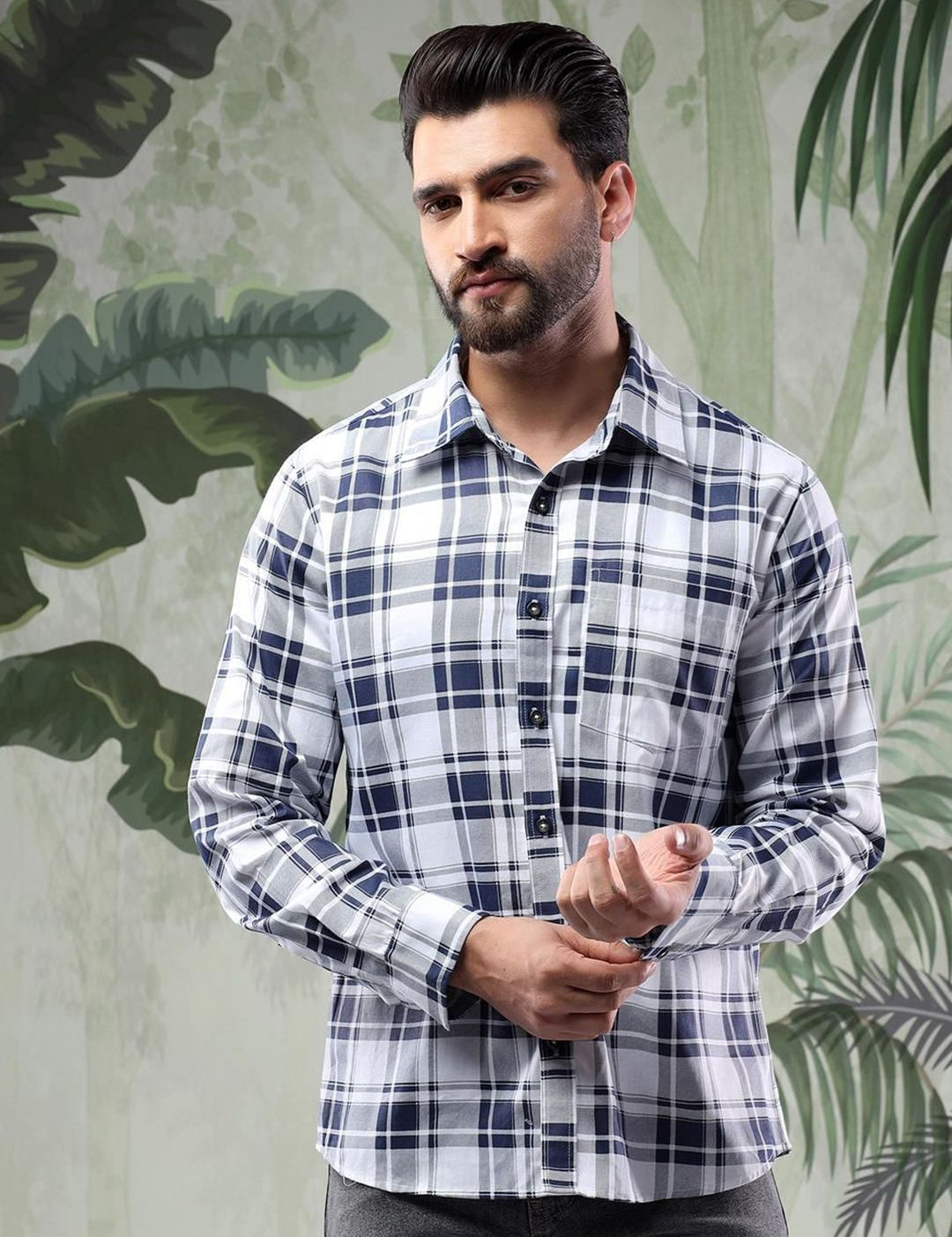 Kotty Men Spread Collar Tartan Checked Casual Shirt