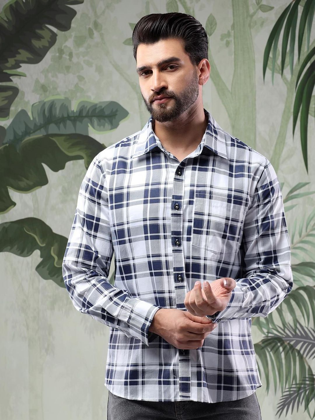 Kotty Men Spread Collar Tartan Checked Casual Shirt