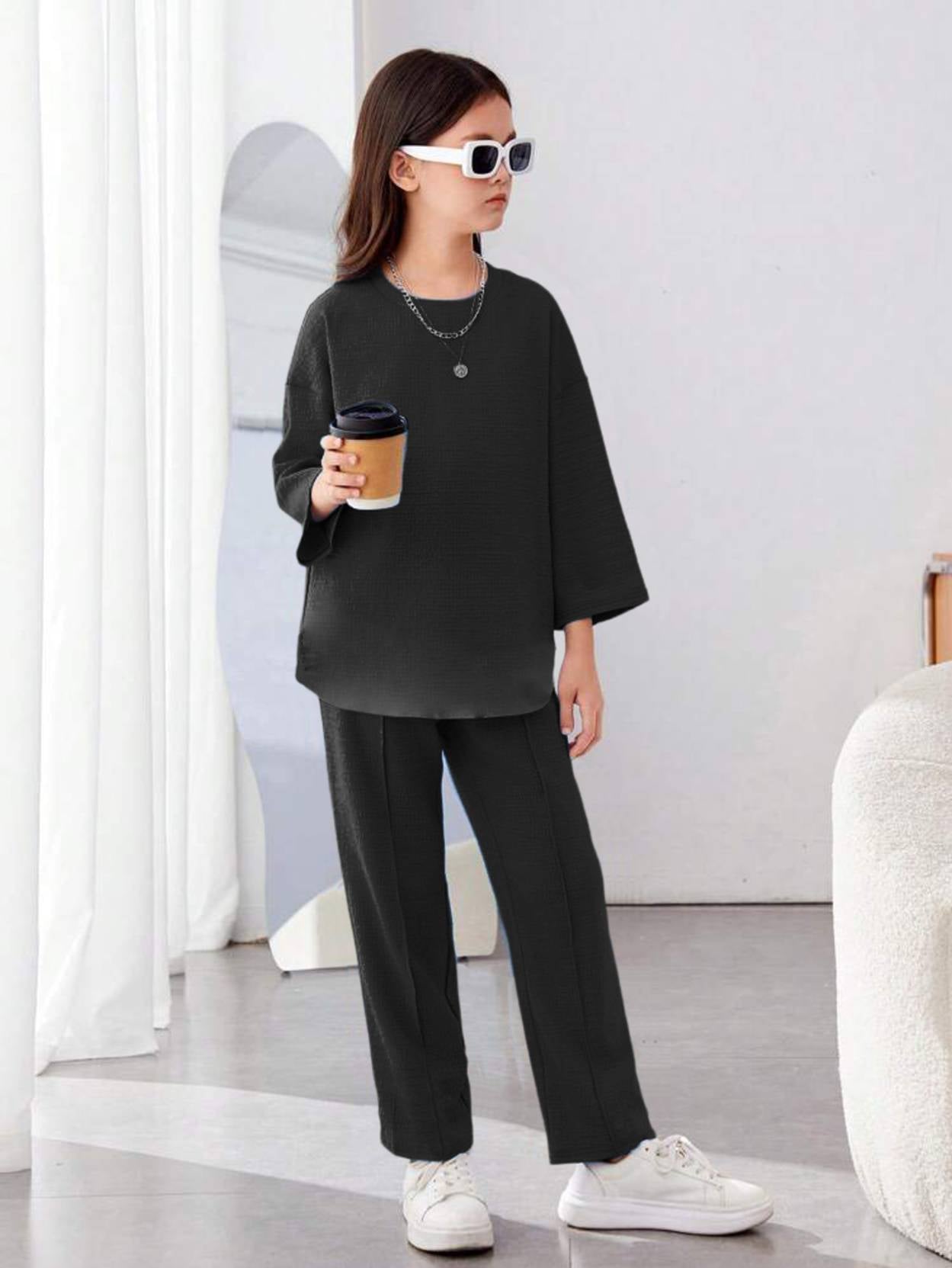 KOTTY  Girls Maxi/Full Length Casual Dress  (Black, Full Sleeve)