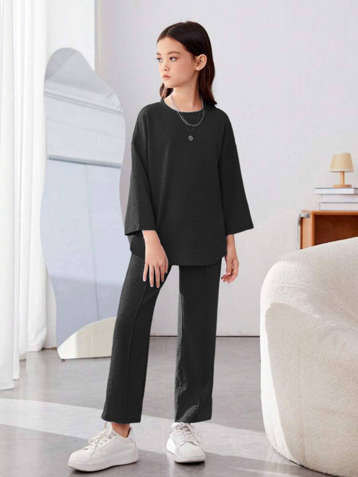 KOTTY  Girls Maxi/Full Length Casual Dress  (Black, Full Sleeve)