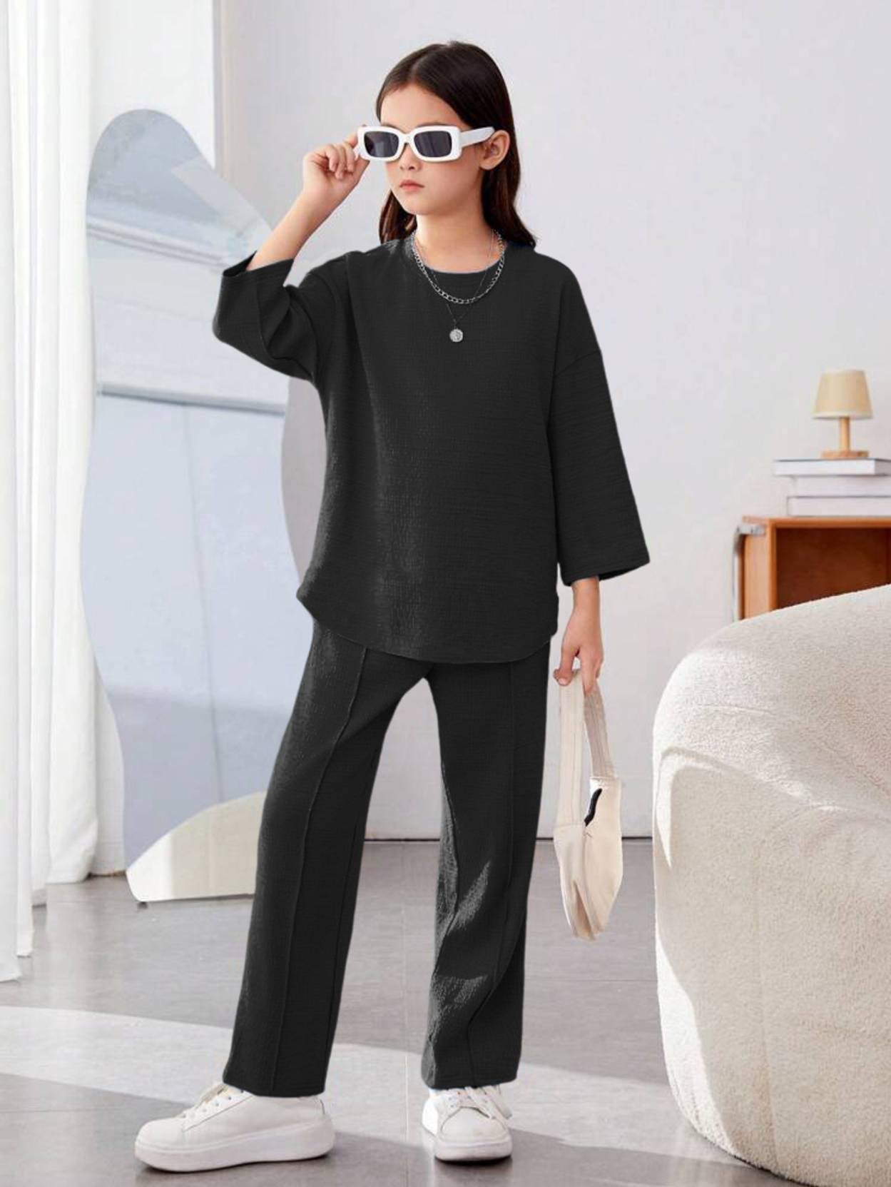 KOTTY  Girls Maxi/Full Length Casual Dress  (Black, Full Sleeve)